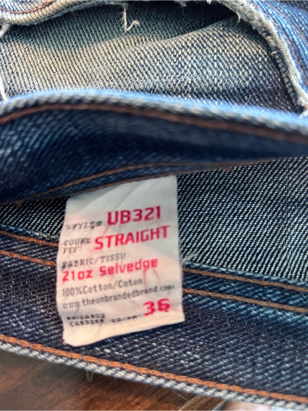 Men's The Unbranded Brand UB321 21 oz Straight Selvedge Raw Denim Jeans 36 - Picture 5 of 9